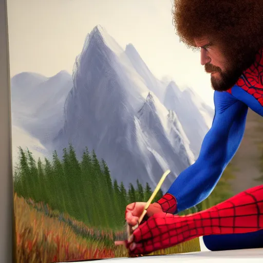 Image similar to a closeup photorealistic photograph of bob ross working on a canvas painting of spiderman. film still. brightly lit scene. mountains and trees. this 4 k hd image is trending on artstation, featured on behance, well - rendered, extra crisp, features intricate detail, epic composition and the style of unreal engine.