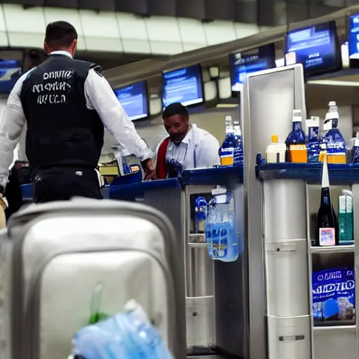 Image similar to Airport security guards stuffing large bottles of water and shampoo into their backpacks, laughing and laughing