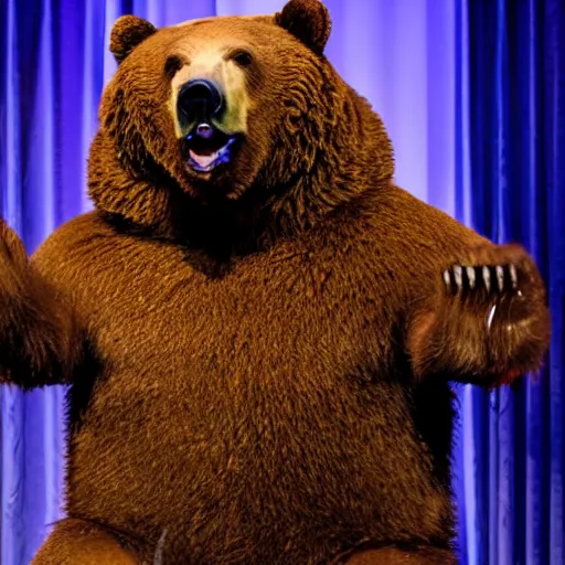 Prompt: A bear on stage doing stand-up comedy