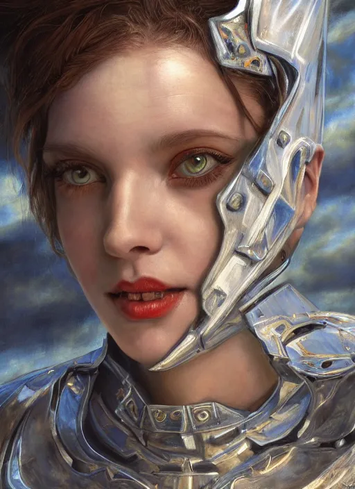 Image similar to symmetry! closeup portrait of a beautiful biblical diabolical agile girl, in reflective porcelain cyborg armor, in clouds, cinematic studio light! windy, sunrise, by gerald brom, by mikhail vrubel, by peter elson, high contrast, muted colors, extreme detail, trending on artstation, 8 k