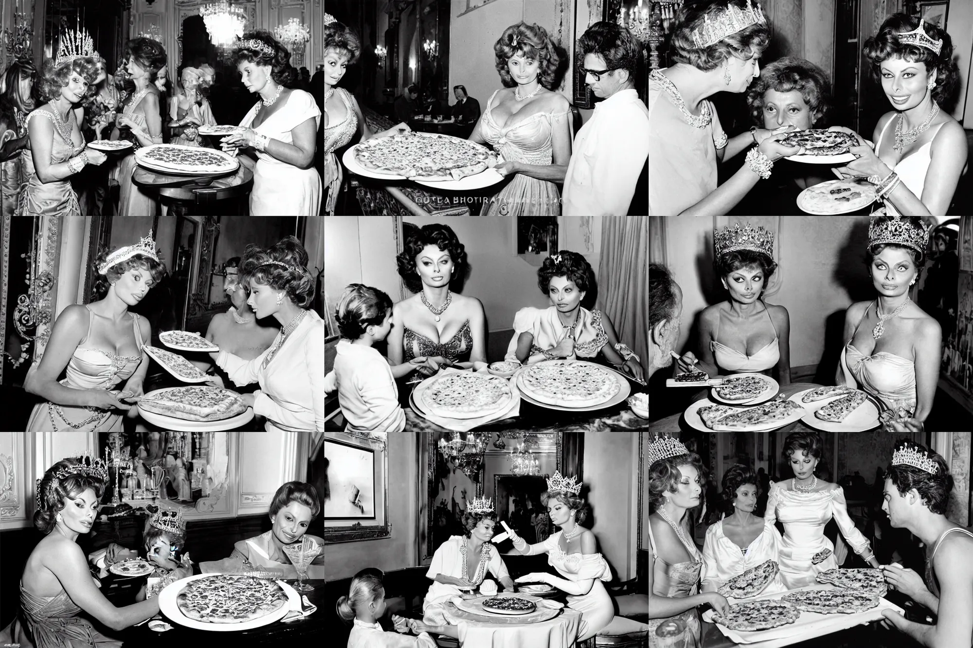 Prompt: a historical photo of a young sophia loren serving pizza margherita to queen margherita of italy, intricate tiara, pearl neclase, smooth lighting, exquisit detail, masterpiece, timeless, photography by letizia battaglia