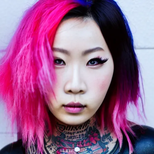 Image similar to punk tattooed asian supermodel with pink hair and a beautiful face with long eyelashes