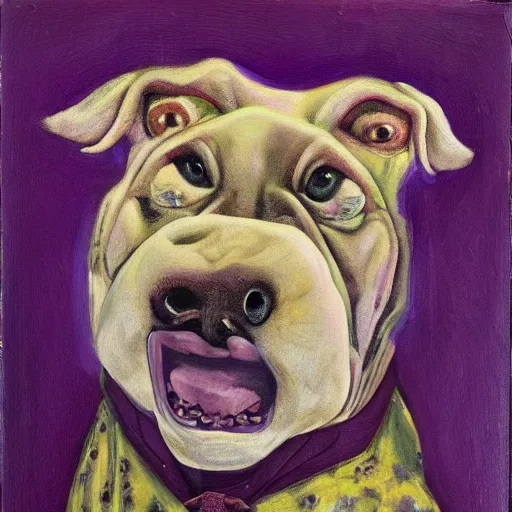 Prompt: Portrait of a psychotic crossbreed between a rabid dog and a toad, in a purple suit, oil painting