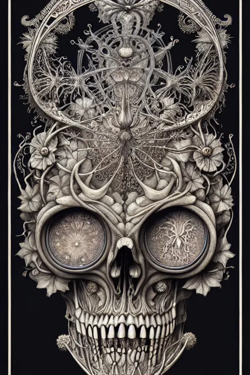 Image similar to art forms of nature by ernst haeckel, memento mori by arthur rackham, ornate antique porcelain beautiful skull mask, ultrasharp, photorealistic, hyperdetailed, octane render, polished, art nouveau, neo - gothic, gothic, intricate ornamental organic filigree, art nouveau botanicals, art forms of nature by ernst haeckel, horizontal symmetry, symbolist, visionary