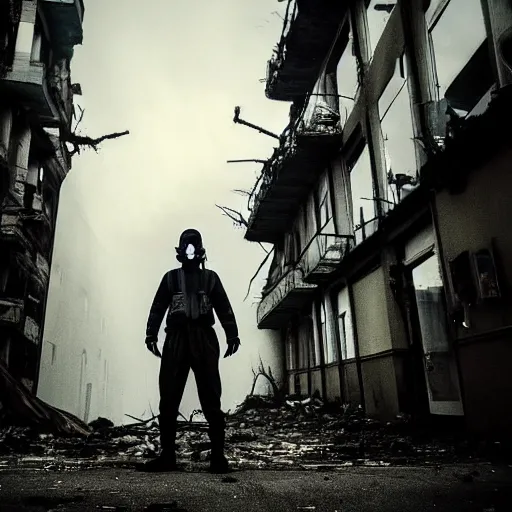 Image similar to A high quality photo of a mysterious man with a gas mask standing in the middle of a staircase alley looking in the direction of the camera :: outside, blue sky visible :: ruined city with vegetation and trees growing everywhere on the destroyed buildings :: forest :: apocalyptic, gloomy, desolate :: long shot, low angle, dramatic backlight, symmetrical, night, slightly colorful photography :: cinematic shot, highly detailed