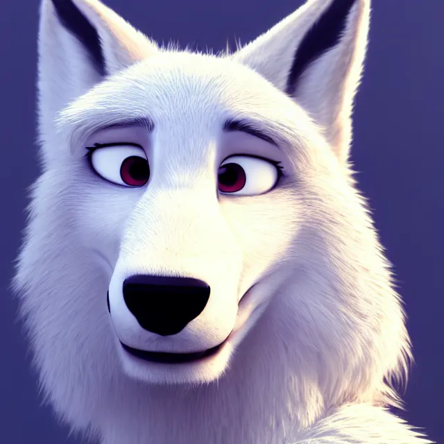 Image similar to portrait headshot of a handsome male white wolf in the style of zootopia, disney, volumetric lighting, subsurface scattering, photorealistic, octane render, random artists