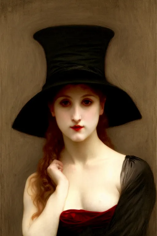 Image similar to vampire in a big black hat painting by rossetti bouguereau, detailed art, artstation