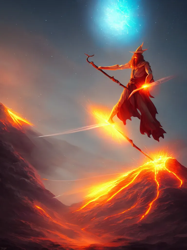 Prompt: levitating wizard wielding a spear opening a shining portal pulsating in the night sky, horizon of an erupting volcano, digital painting, cgsociety, artstation, highly detailed, cinematic lighting