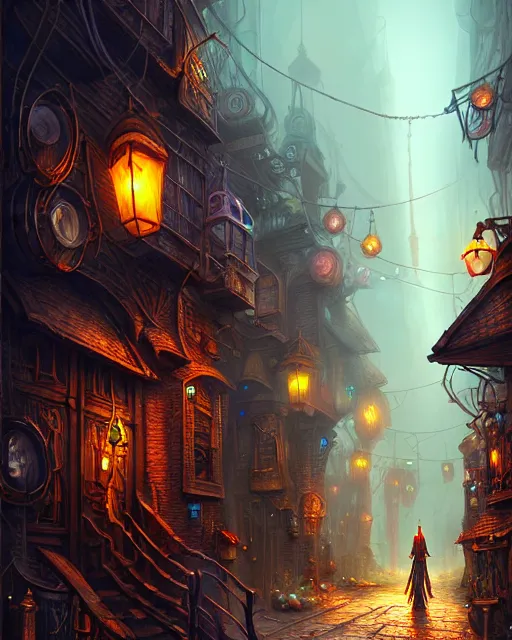 Image similar to street view of an otherworldly alley in the planescape city named sigil, crowded, beautiful digital painting in the style of wlop, volumetric lightning, intricate details, ultra realistic, by art germ, by gerard brom, steampunk, fantasypunk, deep colors, amazing d & d art, trending cgsociety, artstation, sharp