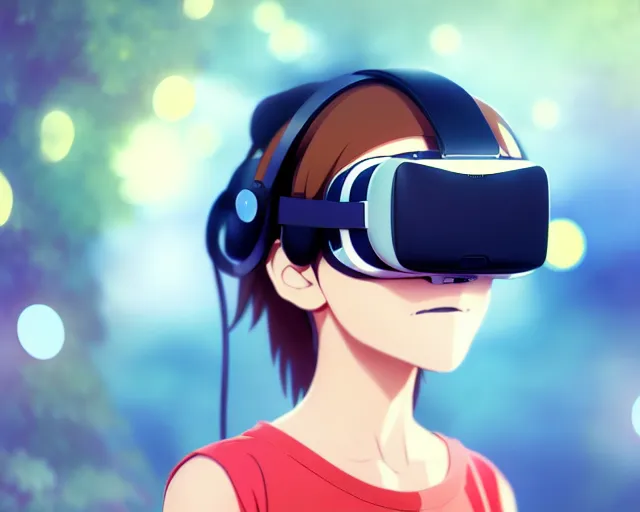 Image similar to anime fine details portrait of joyful girl in vr headset in school, bokeh. anime masterpiece by Studio Ghibli. 8k render, sharp high quality anime illustration in style of Ghibli, artstation