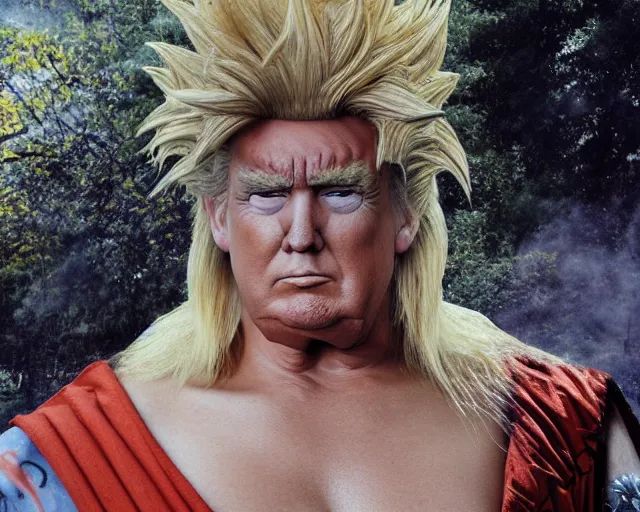 Image similar to award winning 5 5 mm close up face portrait photo of trump as songoku, in a park by luis royo. rule of thirds.