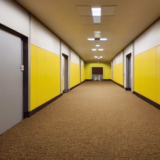 Image similar to a photo of an empty hallway with brown carpet, fluorescent lights and walls with yellow wallpaper on them