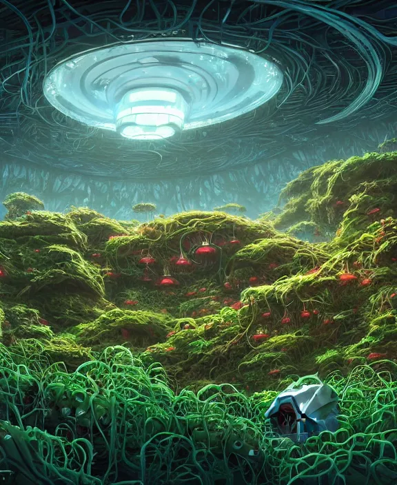 Image similar to a bunker made out of exotic fungus, overgrown with weird fungus and tendrils, spaceship, sci - fi, robots, noon, somber, partly cloudy, by dan mumford, yusuke murata, makoto shinkai, ross tran, cinematic, unreal engine, cel shaded, featured on artstation, pixiv