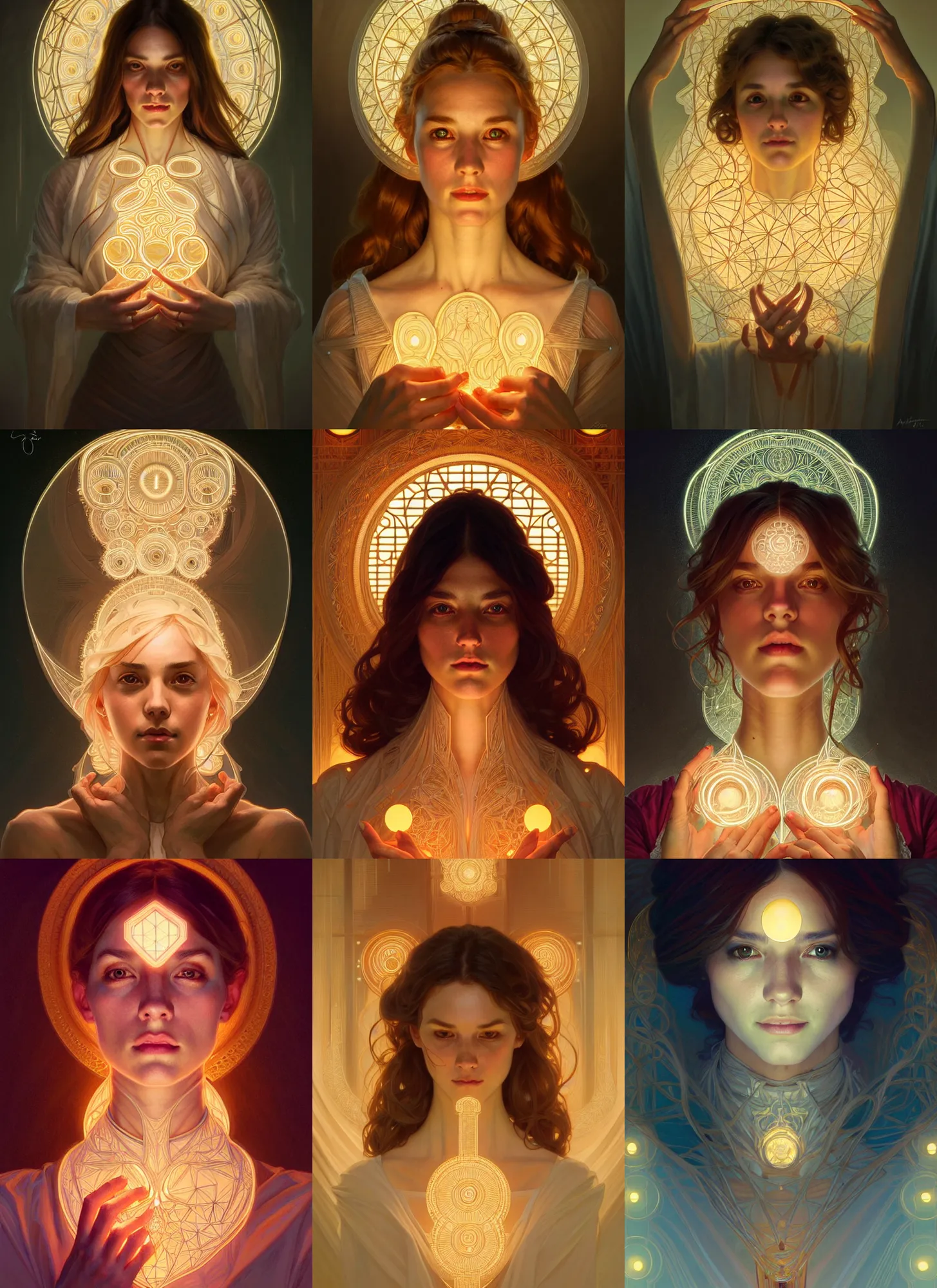 Image similar to symmetry!! portrait of a woman, cottagecore!!, glowing lights!! intricate, elegant, highly detailed, digital painting, artstation, concept art, smooth, sharp focus, illustration, art by artgerm and greg rutkowski and alphonse mucha