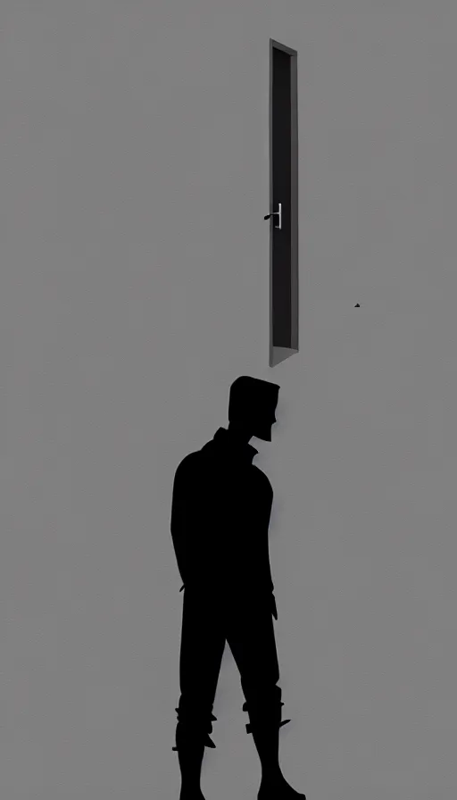 Image similar to concept art by jama jurabaev, cinematic shot, trending on artstation, high quality, brush stroke, sharp corners, black and white, reflective rectangular, a man's silhouette standing outside of a door