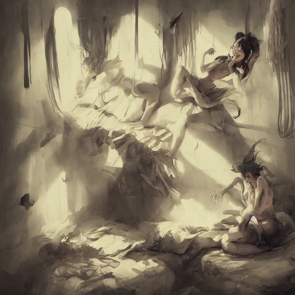 Image similar to famous japanese actress girl seeing the shadow of her desires on the bed of abandoned nightmare house with a light from a window projecting her secret dreams in negative space, painting by Peter Mohrbacher, style of James Jean, Edward Hopper, Francis Bacon, colors of Mark Rothko, Frank Auerbach, trending on artstation, Greg Rutkowski, dark atmosphere