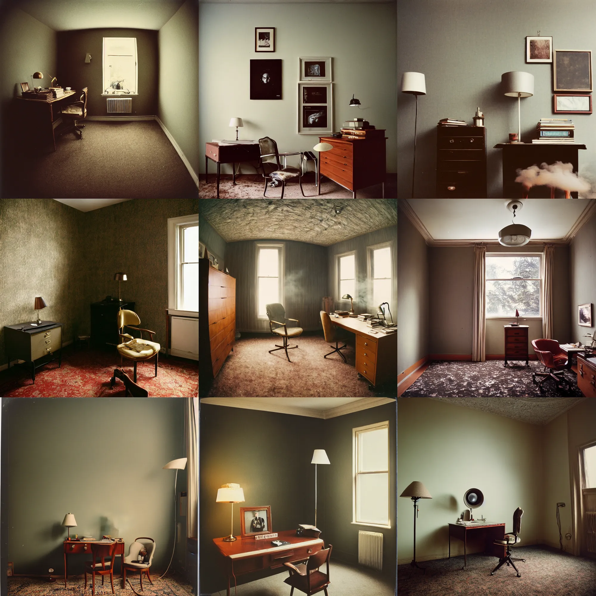 Image similar to kodak portra 4 0 0, wetplate, 8 mm extreme fisheye, award - winning portrait by britt marling of a 1 9 6 0 s private office room, picture frames, shining lamps, dust, smoke 1 9 6 0 s elegant metal furniture, wallpaper, carpet, books, muted colours, fog