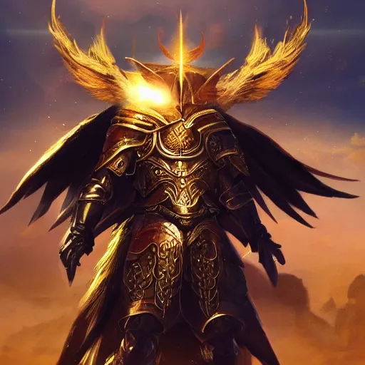 Prompt: A celestial god, wearing the armor of 100 suns standing on a mountain, cinematic, dynic lighting, photorealistic, fantasy concept art, ultra detailed, stunning visuals