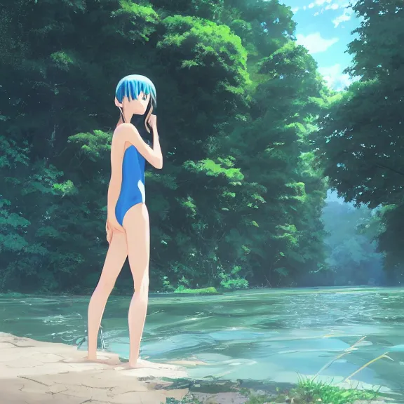 Prompt: one single girl wearing a blue full body bathing suit wading, wading weight high water, standing in a narrow river, trees bent over the river, shady, ripples, facing, looking at the camera, inviting look, atmospheric lighting. By Makoto Shinkai, Stanley Artgerm Lau, WLOP, Rossdraws, James Jean, Andrei Riabovitchev, Marc Simonetti, krenz cushart, Sakimichan, trending on ArtStation, digital art.