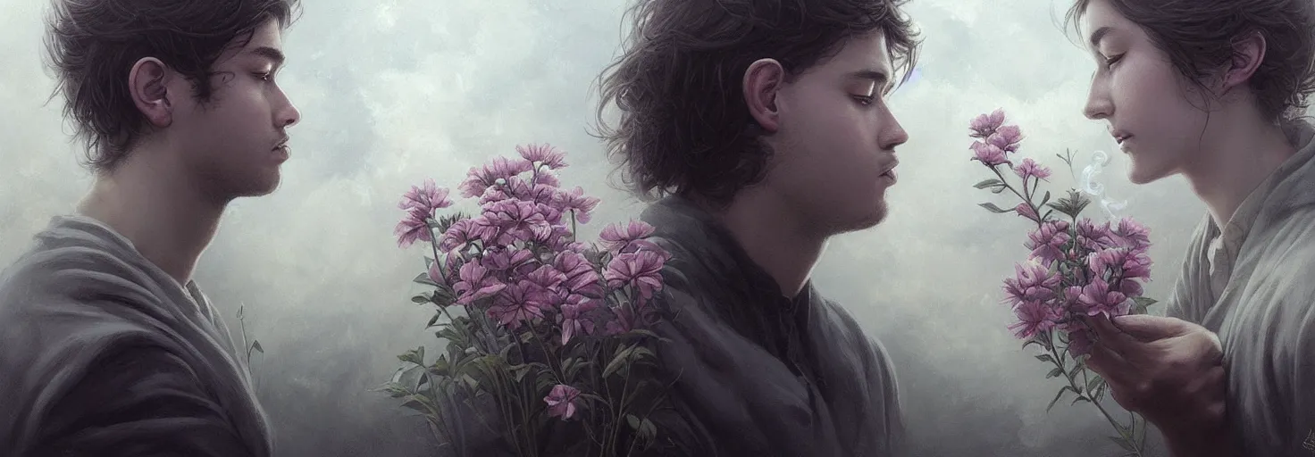 Prompt: young maren looks at the sky from behind the guy's mouth, a puff of smoke falls, the guy's flowers are large, with soft line, symmetrical patterns, in style marco mazzoni, greg rutkowski, artgerm