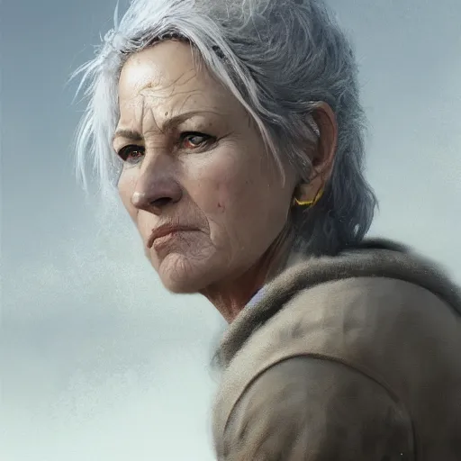 Prompt: portrait of the woman called kerstint. she is 6 0 years old and has short spiky gray hair. she is the general of hate. detailed digital art by greg rutkowski, thomas kinkade and keith parkinson, artstation, cgsociety, 8 k, hd