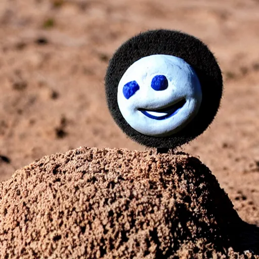 Prompt: photo of a small round creature made of dirt with round blue eyes and a round clown nose and a cute smile