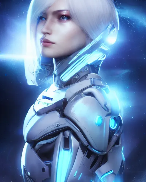 Image similar to perfect android girl on a mothership, warframe armor, beautiful face, scifi, futuristic, galaxy, nebula, raytracing, dreamy, long white hair, blue cyborg eyes, sharp focus, cinematic lighting, highly detailed, artstation, divine, by gauthier leblanc, kazuya takahashi, huifeng huang