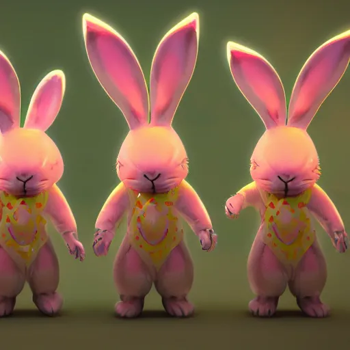 Image similar to neon fluorescent, iridescent cute bunny rabbits with fairy wings cyperpunk 2 0 7 7, unreal engine 5, 8 k ultra realistic, hyperdetailed, volumetric lighting, extremely high quality