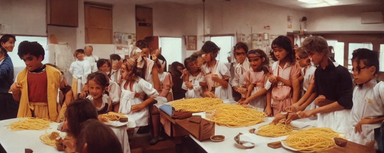 Image similar to aristotle teaching students about spaghetti!, ancient greece, golden hour, kodachrome, in the style of wes anderson, retro