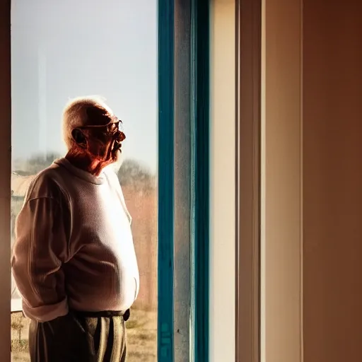 Prompt: artistic old man standing in front of a window waiting for summer.