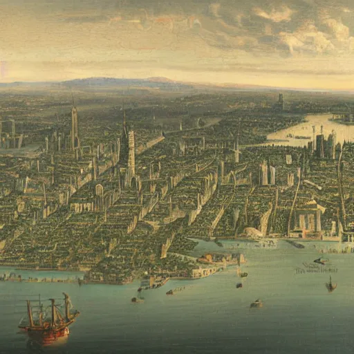 Image similar to New York City in 1750,viewed by a soldier, in the style of the Hudson River School