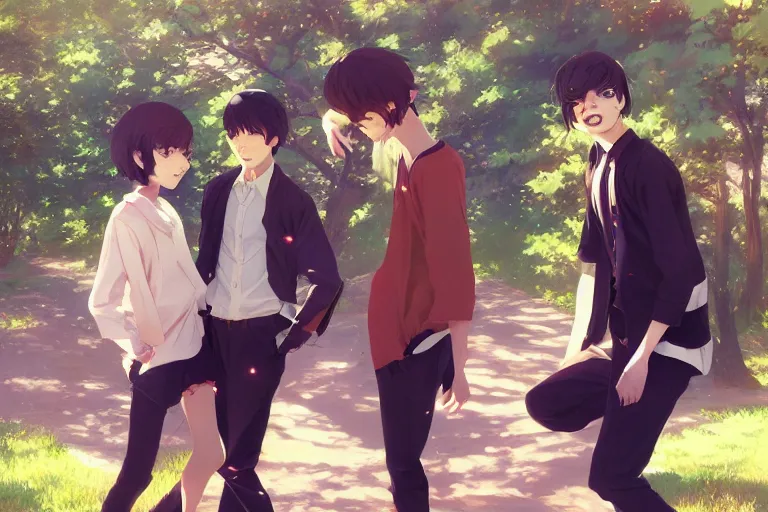 Prompt: boy's love anime high school scene spring noon setting, high detail concept art, perfect proportions good looking face, realistic shaded lighting poster ilya kuvshinov, katsuhiro, jeremy lipkin and michael germash, makoto shinkai, loish and clamp style, trending on art station, best selling artist