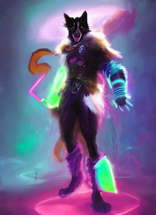 Image similar to wide angle beautiful full body portrait of a cute male anthropomorphic anthro border collie fursona wearing a barbarian outfit in a dark neon rainbow, character design by charlie bowater, henry asencio, and ross tran, disney, scenic background, detailed, glamor pose, aesthetic, trending on artstation, furaffinity, deviantart