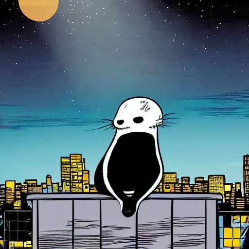 Image similar to baby seal sitting on the edge of a roof looking at the city at night, wide angle, comic book by frank miller