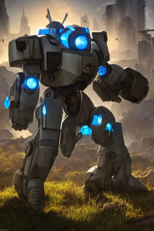 Image similar to mechwarrior 5 : mercenaries mech megaman transformer robot boss tank engine game octane render, 4 k, hd 2 0 2 2 3 d cgi rtx hdr style chrome reflexion glow fanart, global illumination ray tracing hdr fanart arstation by ian pesty by jesper ejsing pixar and disney unreal zbrush central hardmesh