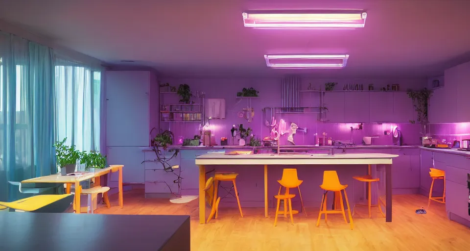 Prompt: IKEA catalogue photo, high end farm house style kitchen, cyberpunk with neon lighting, screens, monitors, wires, purple, cyan, orange, organic, vines by Beksiński