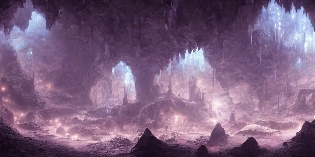 Image similar to fantasy matte painting of a cave with glowing crystals on the walls and piles of bones on the floor, fantasy, sharp focus, artstation