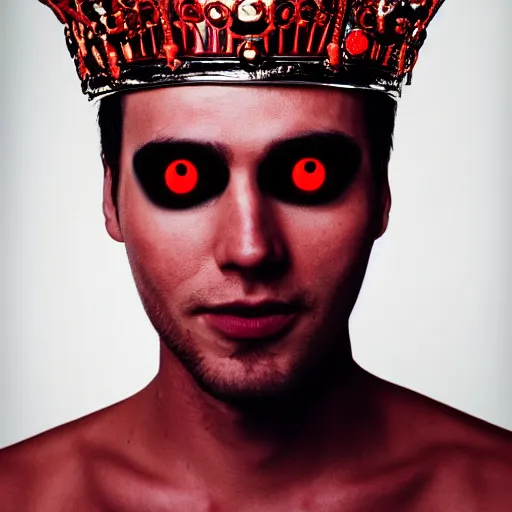 Prompt: man with a crown, smirk, photograph, black backgrounds, glowing red eyes, sharp, handsome