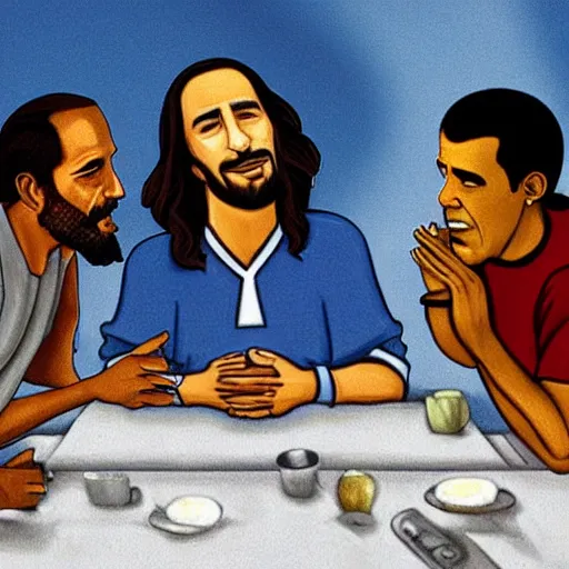 Prompt: jesus and obama having a discussion with jerry seinfeld at the last supper in a cafe