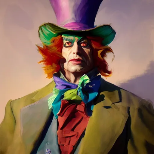 Image similar to greg manchess portrait painting of partially armored mad hatter from alice in wonderland as overwatch character, wacky, medium shot, asymmetrical, profile picture, organic painting, sunny day, matte painting, bold shapes, hard edges, street art, trending on artstation, by huang guangjian and gil elvgren and jesper ejsing