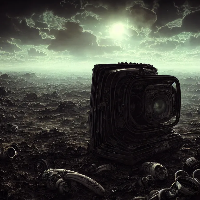 Prompt: surreal abandoned ribbed broken pc monitor in the wasteland on exoplanet, dark clouds, dark washed colors tint, dream-like heavy atmosphere, baroque painting, beautiful detailed intricate insanely detailed octane render trending on Artstation, 8K artistic photography, photorealistic, dramatic volumetric cinematic perfect light, chiaroscuro, award-winning photograph, masterpiece, Raphael, Caravaggio, Beksinski, Giger