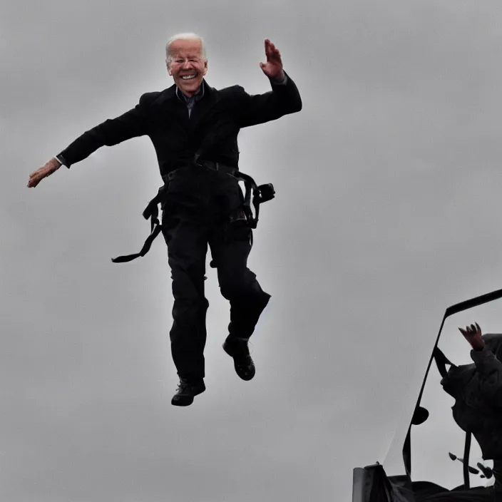 Prompt: joe biden jumping out of an airplane ready for war, sharp detailed photo