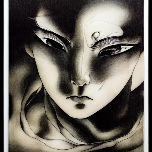 Image similar to prompt: Black and white Fragile looking vessel portrait face drawn by Katsuhiro Otomo, nymph in the water performing alchemy, intricate oil painting, soft light, intricate detail, intricate oil painting detail, sharp high detail, manga and anime 2000