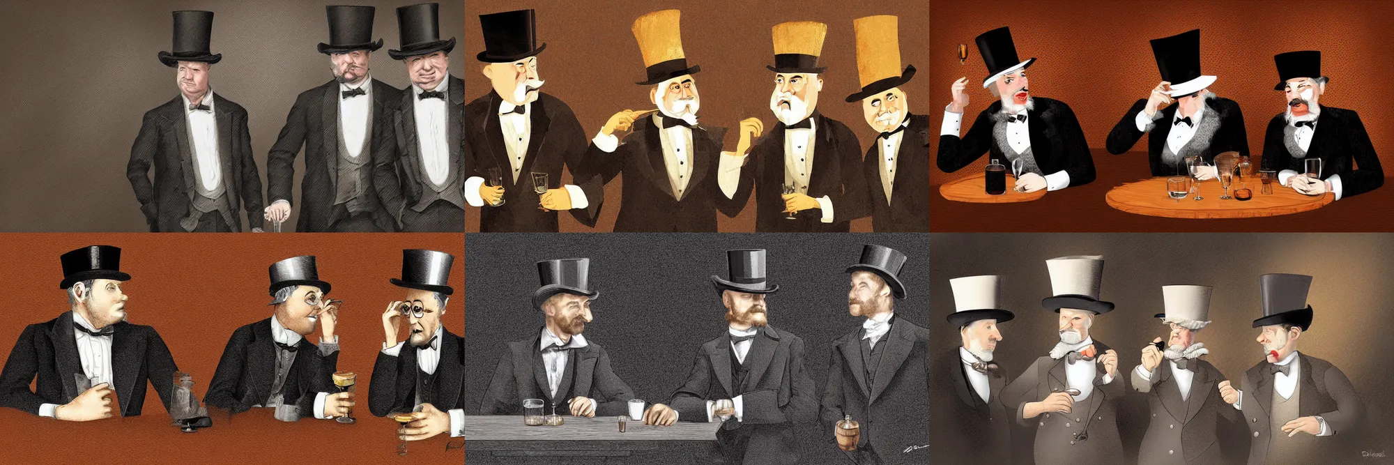 Prompt: two Gentlemen with top hats for heads discussing in a fancy smoky bar, digital art