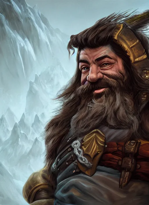 Image similar to A fantasy comic book style portrait painting of a dwarf warrior in a stunning fantasy landscape, unreal 5, DAZ, hyperrealistic, octane render, RPG portrait, dynamic lighting