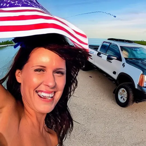 Image similar to photo of woman in the back of a pickup truck wearing bikinis waving the american flag. they are drunk.