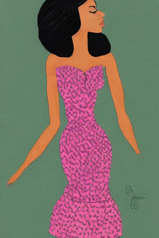 Image similar to a portrait of a beautiful woman that has a black hair, tan skin and is wearing a beautiful black and pink dress