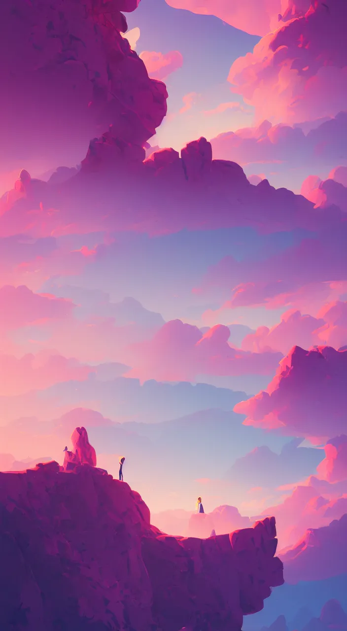 Image similar to Aesthetic Lonely cliff , pink clouds in the sky, brightly illuminated by rays of sun, artstation, colorful sylvain sarrailh illustration, by peter chan, day of the tentacle style, twisted shapes