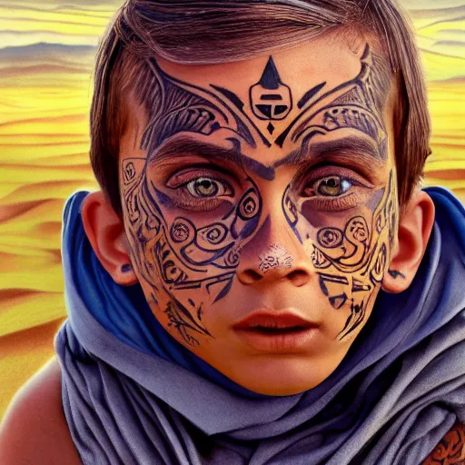 Prompt: a detailed portrait of a tan boy with a face tattoo in the desert, fantasy art illustration, incredibly highly detailed and realistic, 8 k, sharp focus
