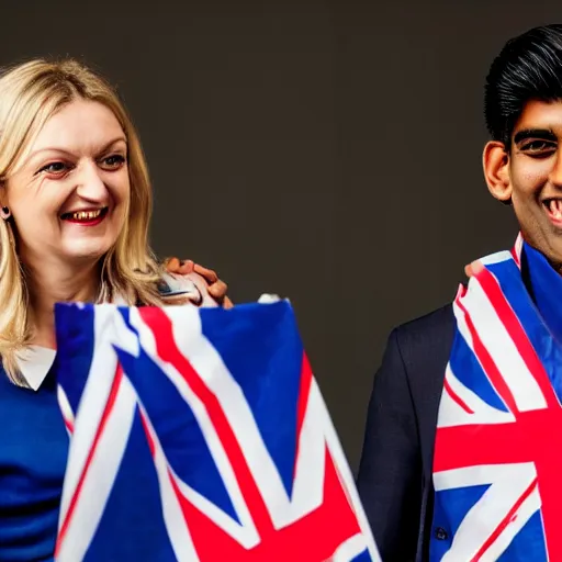 Image similar to rishi sunak and liz truss laughing, standing next to a burning union jack, studio photograph, dramatic llghting